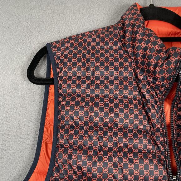 Michael Kors Vest Mens Medium Orange Navy Reversible Puffer Quilted MK Logo - Picture 2 of 16